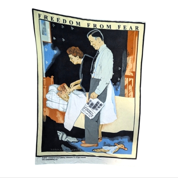 Roughly 69.5" x 49.5" vintage Norman Rockwell Freedom from Fear throw blanket - Picture 1 of 4